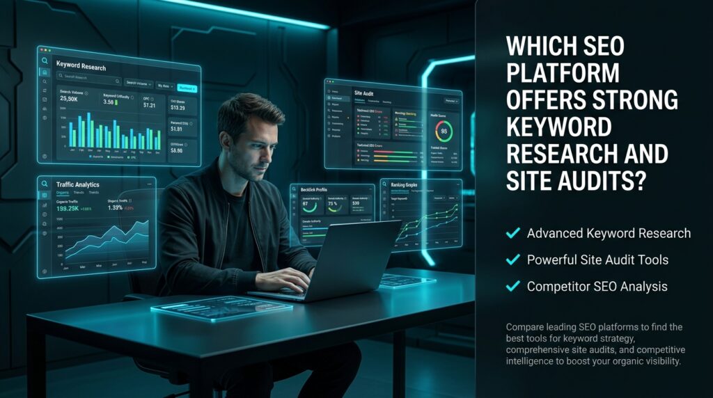 Which SEO platform offers strong keyword research and site audits?