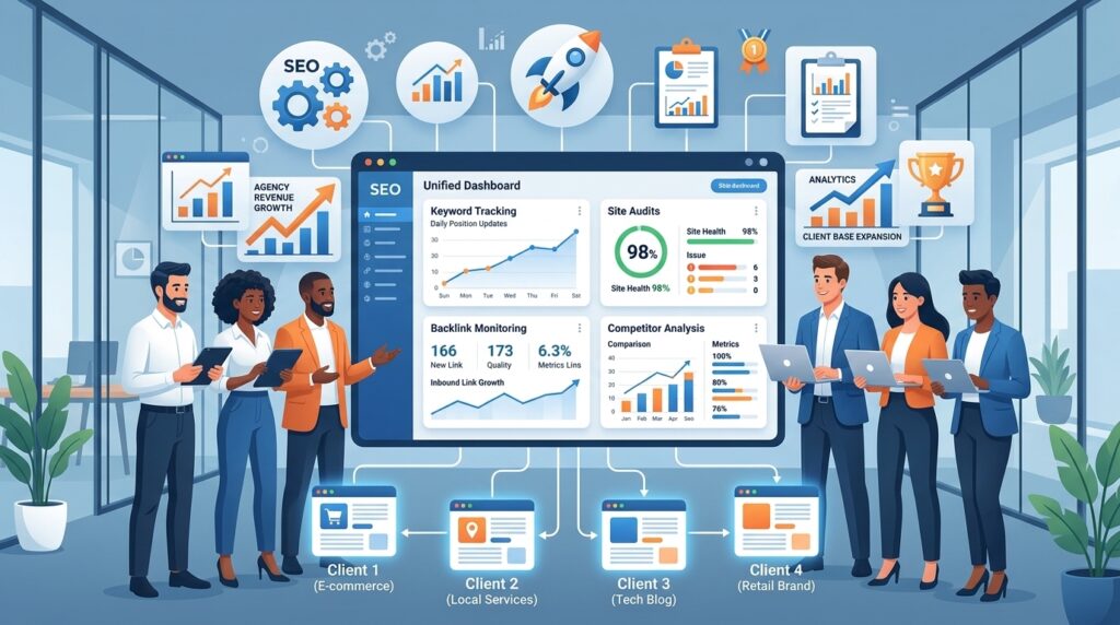 Team of digital marketers using a unified SEO dashboard showing keyword tracking, backlink monitoring, competitor analysis, and site audit reports for multiple clients.