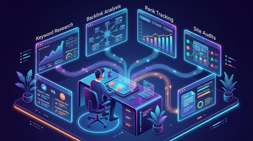 Futuristic SEO analytics workspace with glowing dashboards displaying keyword research, backlink analysis, rank tracking, and site audit performance metrics.