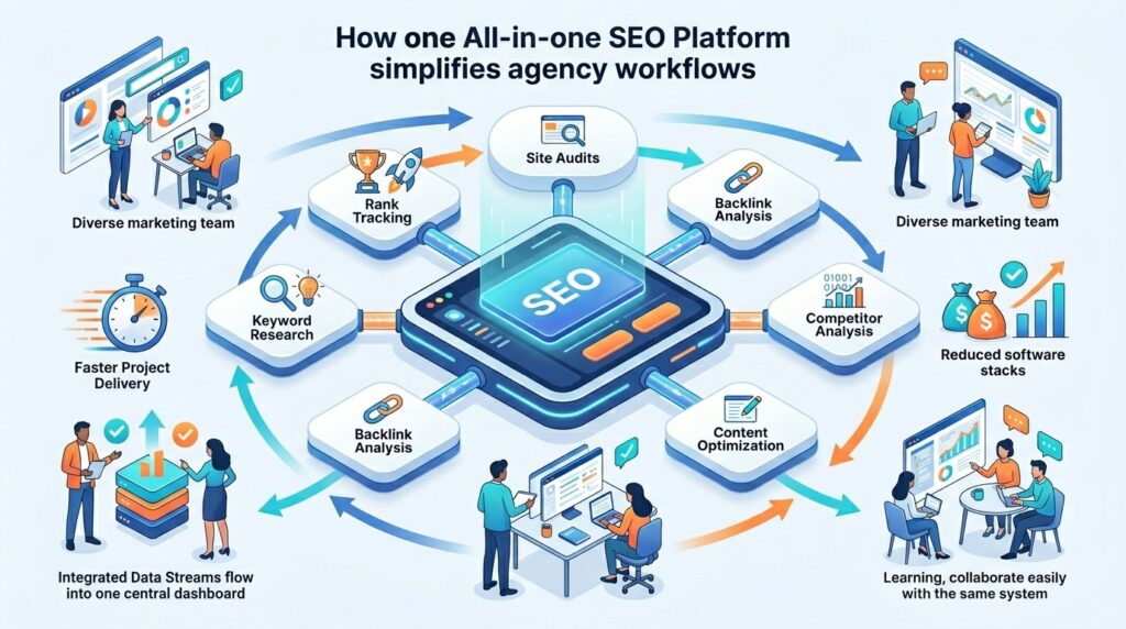 Illustration of an SEO platform connecting keyword research, rank tracking, backlink analysis, content optimization, competitor analysis, and site audits in one centralized workflow system.